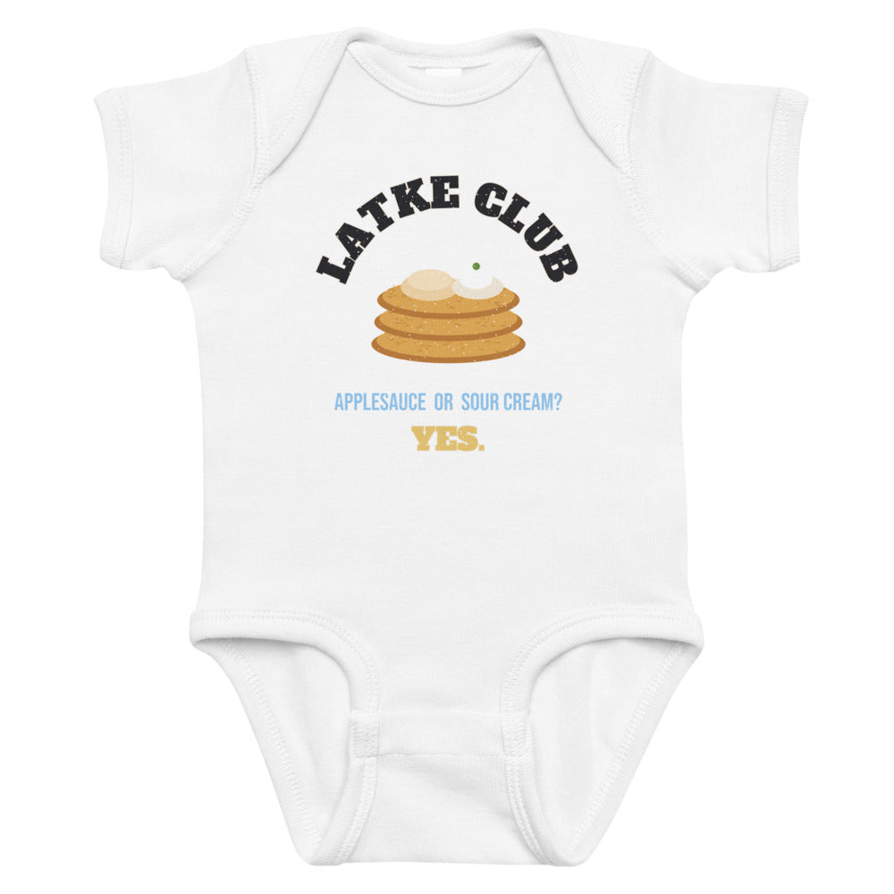 Latke Club Baby Onesie in white, mockup of the design printed on the front of the baby onesie