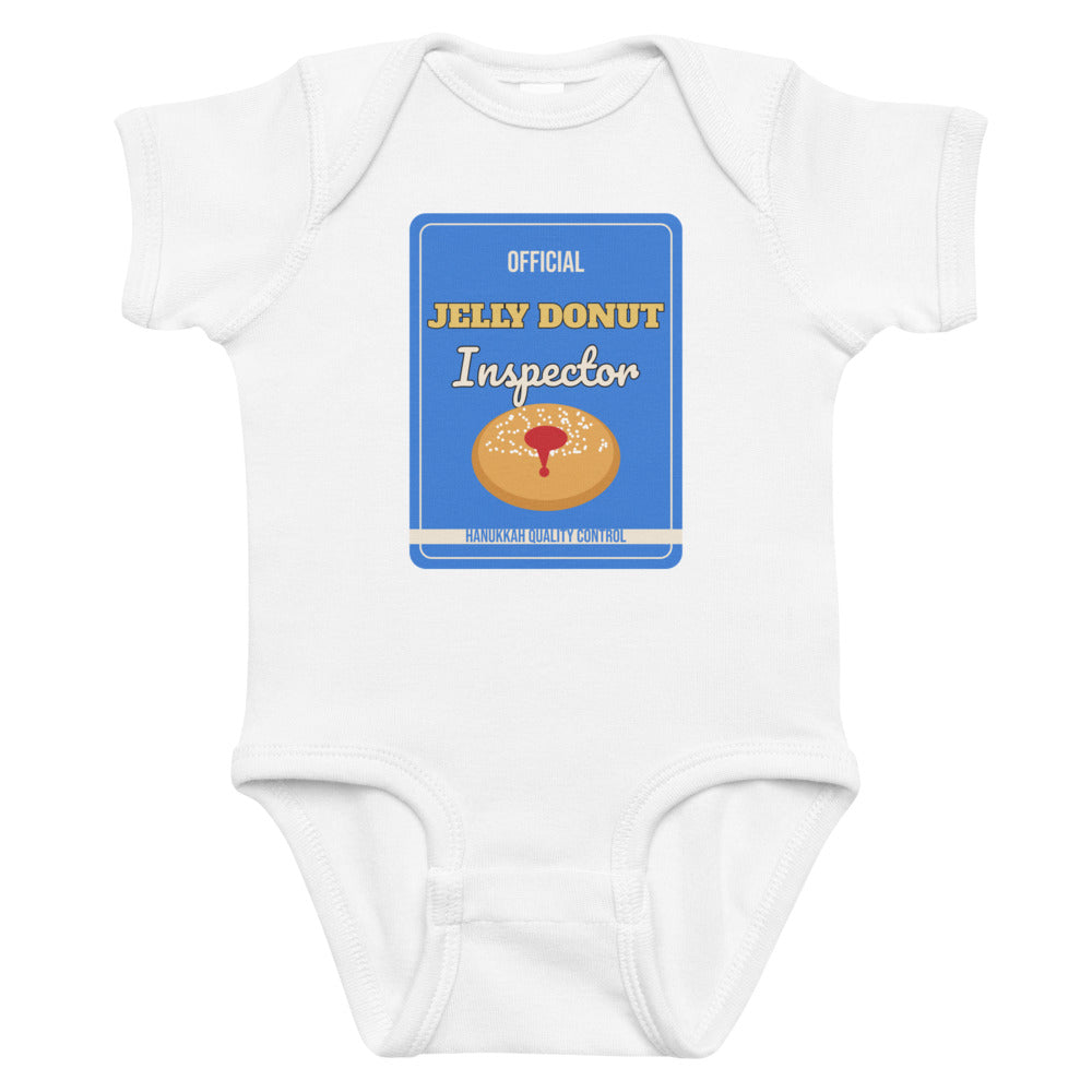 Jelly Donut Inspector Baby Onesie in white, mockup of the design printed on the front of the baby onesie