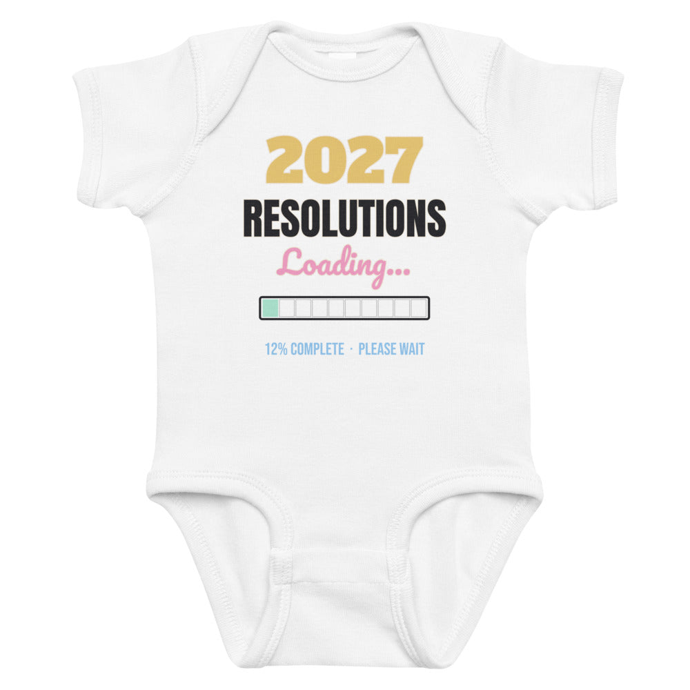 2027 Resolutions Loading Baby Onesie in white, mockup of the design printed on the front of the baby onesie
