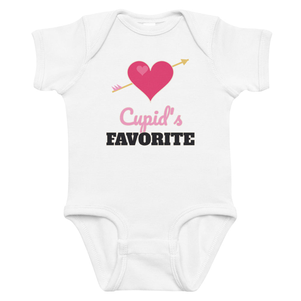 Cupid's Favorite Baby Onesie in white, mockup of the design printed on the front of the baby onesie