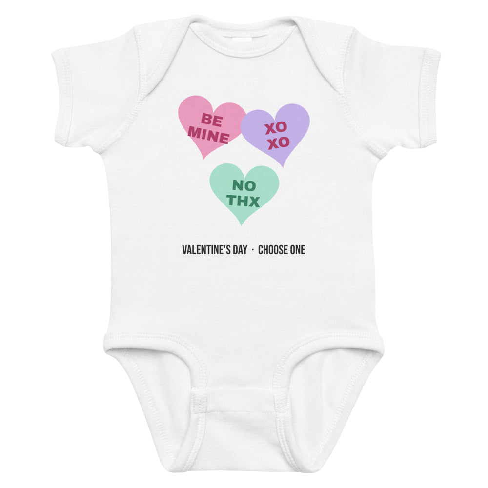 Candy Heart Mood Baby Onesie in white, mockup of the design printed on the front of the baby onesie