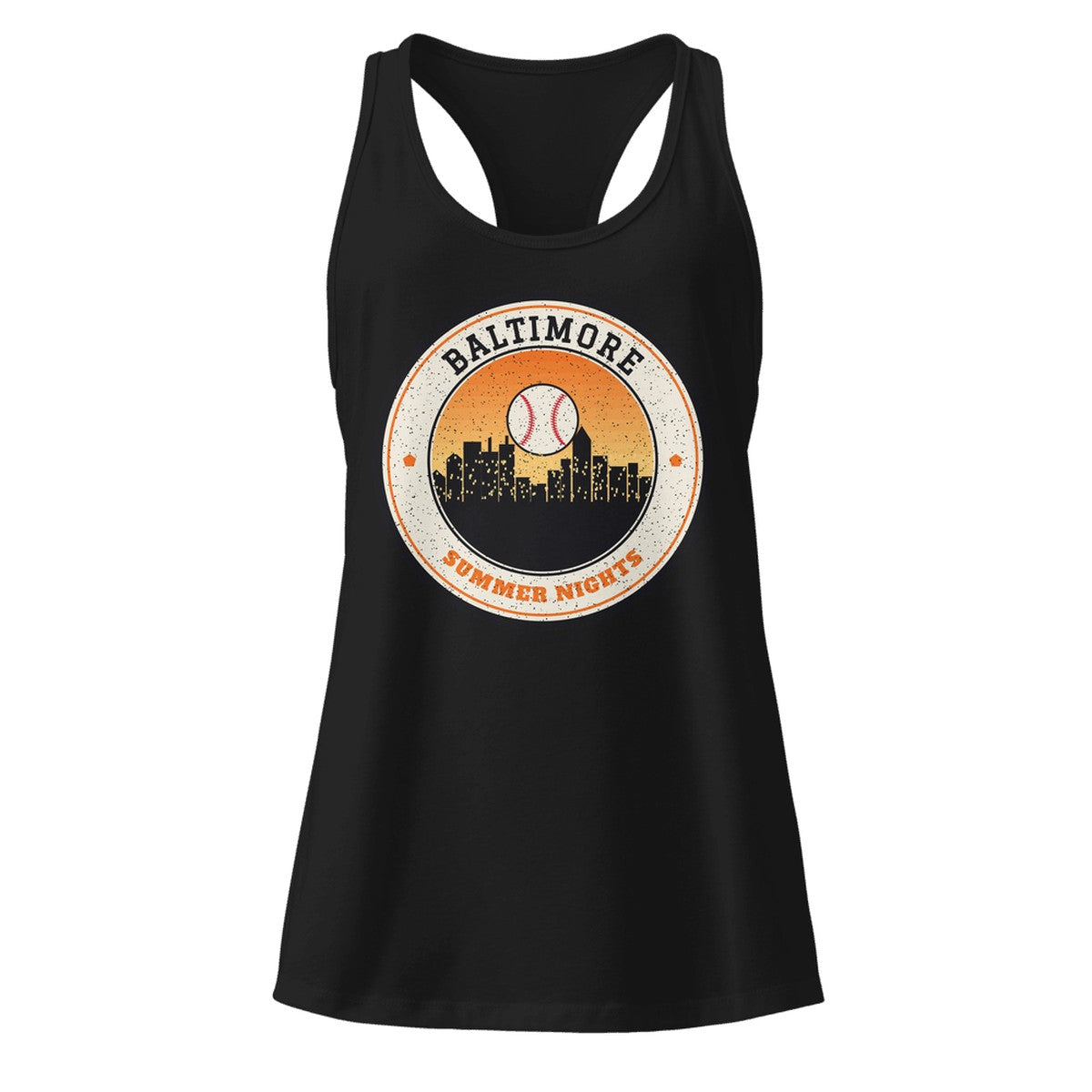 Women's Baltimore Summer Nights Ballpark Racerback Tank in Black, front view