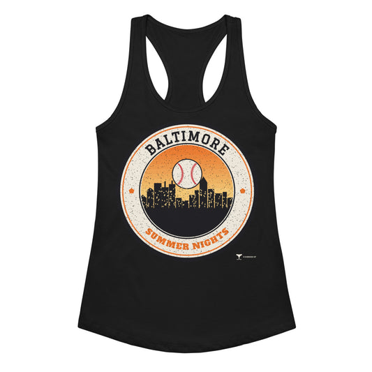 Women's Baltimore Summer Nights Ballpark Racerback Tank in Black, front view