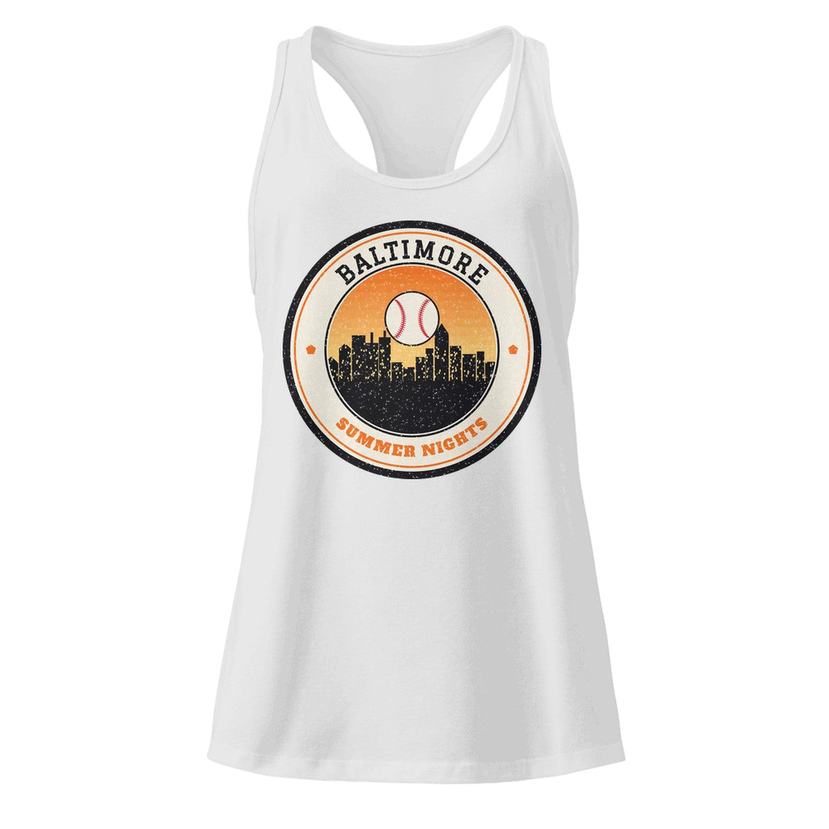 Women's Baltimore Summer Nights Ballpark Racerback Tank in Heather Gray, front view