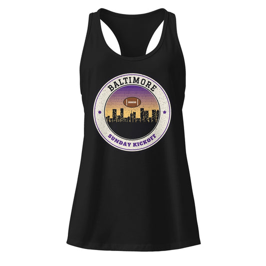 Women's Baltimore Sunday Kickoff Racerback Tank in Black, front view