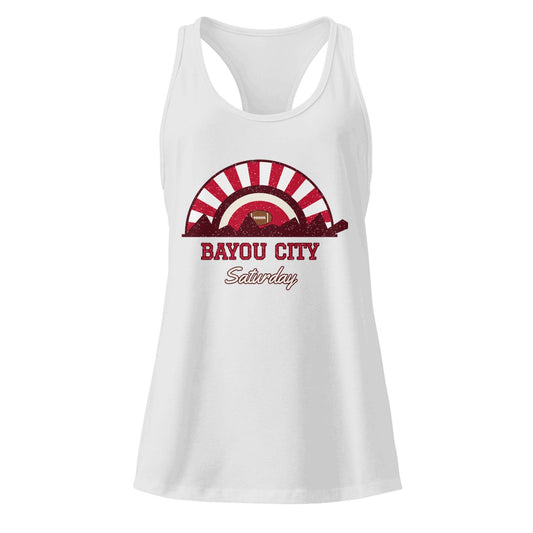 Women's Bayou City Saturday Racerback Tank in Heather Gray, front view