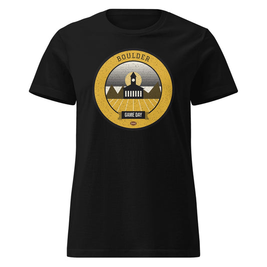 Women's Black & Gold Flatirons Game Day Fitted Tee in Black, front view