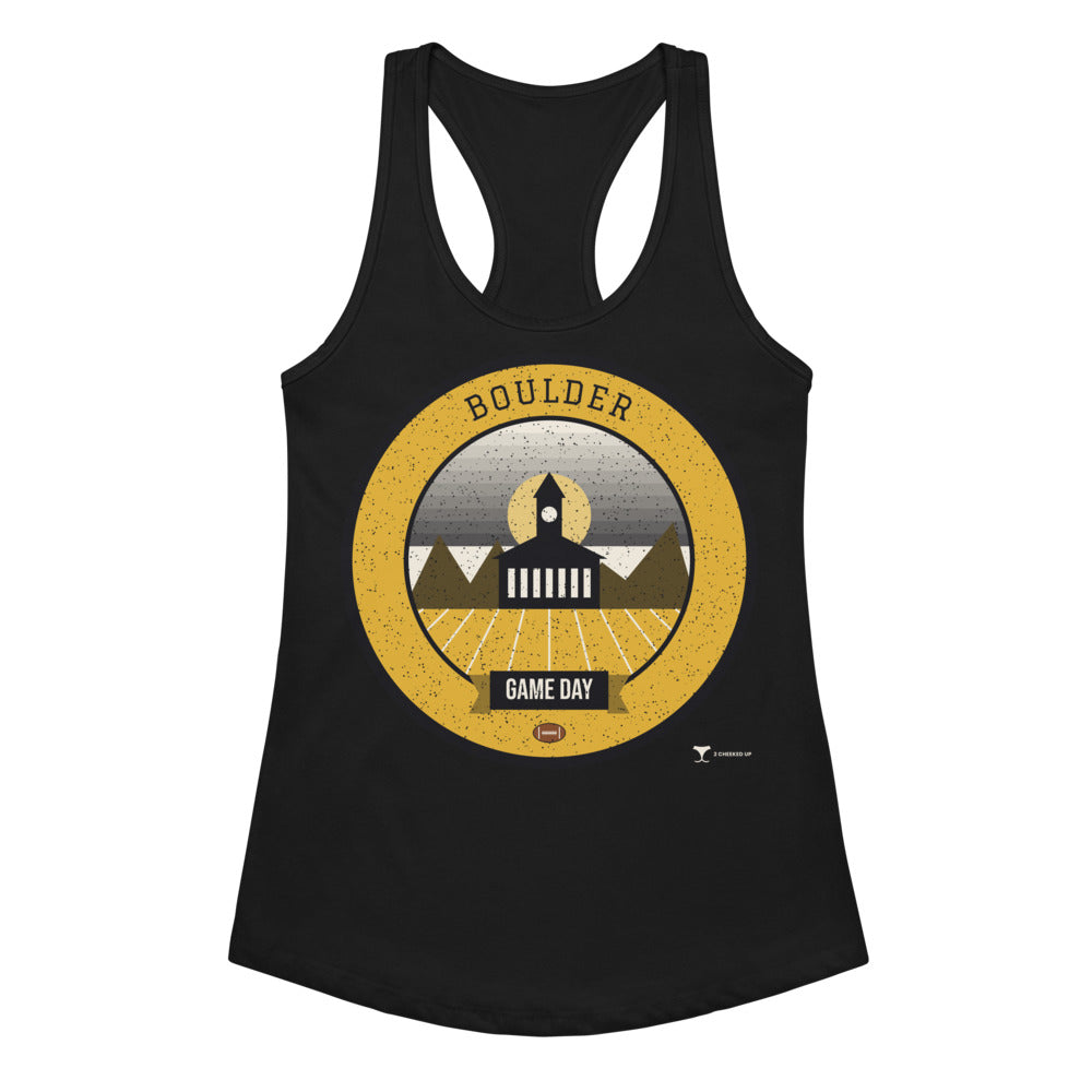 Women's Black & Gold Flatirons Game Day Racerback Tank in Black, front view