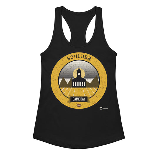 Women's Black & Gold Flatirons Game Day Racerback Tank in Black, front view