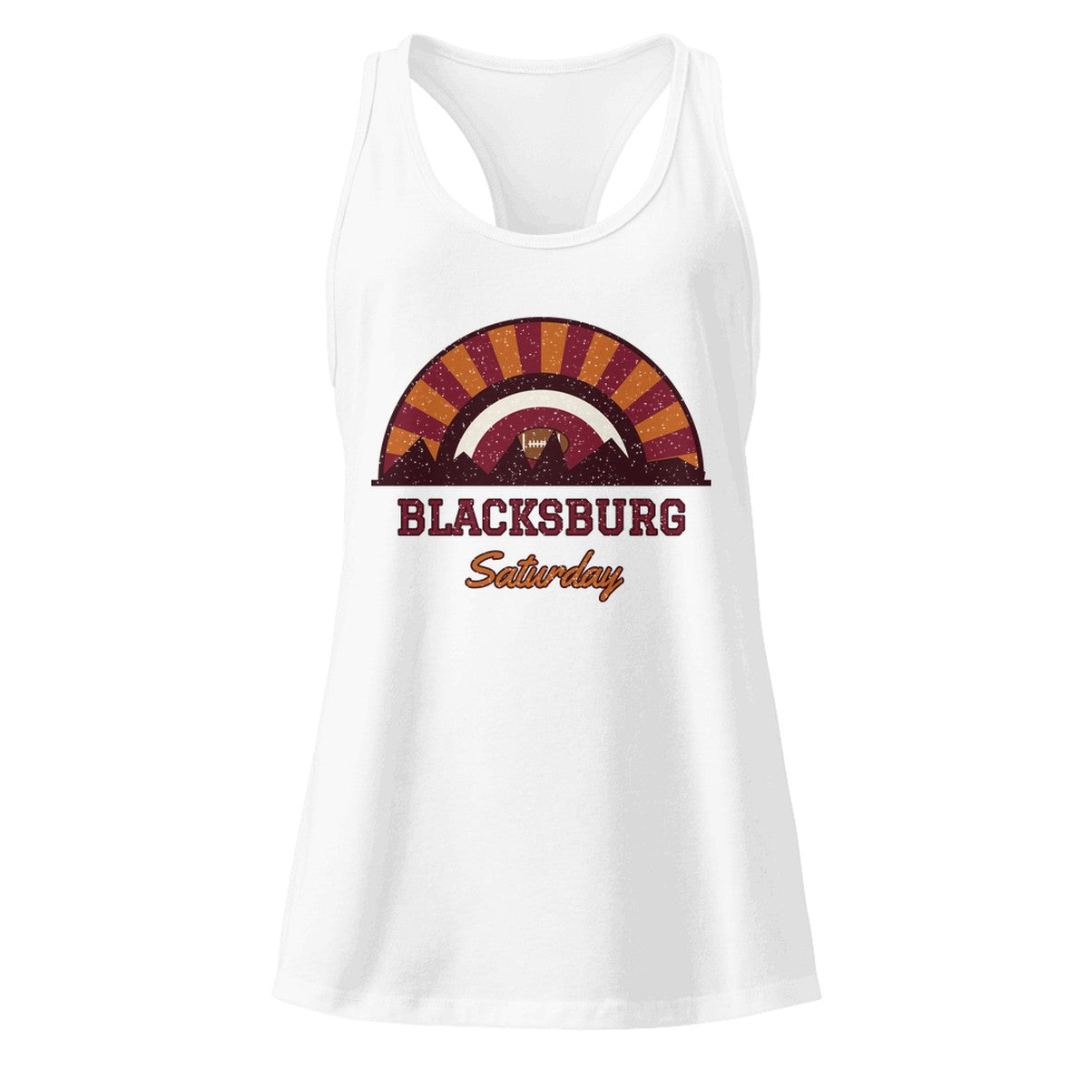 Women's Blacksburg Saturday Racerback Tank in White, front view