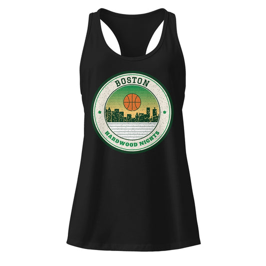 Women's Boston Hardwood Nights Racerback Tank in Black, front view