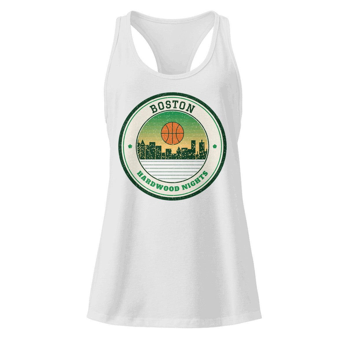 Women's Boston Hardwood Nights Racerback Tank in Heather Gray, front view
