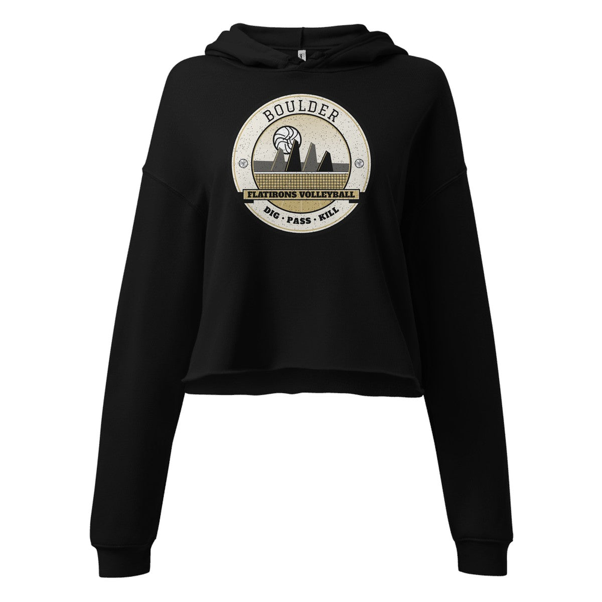 Boulder Flatirons Volleyball Women's Cropped Hoodie in Black, front view