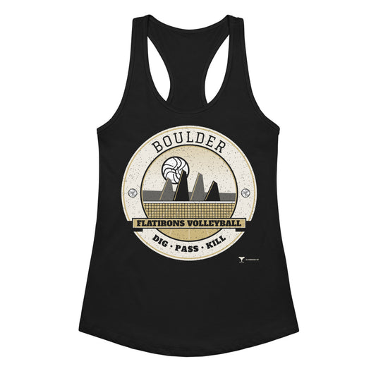 Boulder Flatirons Volleyball Women's Racerback Tank in Black, front view
