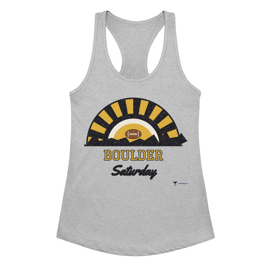 Women's Boulder Saturday Racerback Tank in Heather Gray, front view
