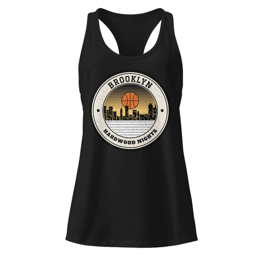 Women's Brooklyn Hardwood Nights Racerback Tank in Black, front view