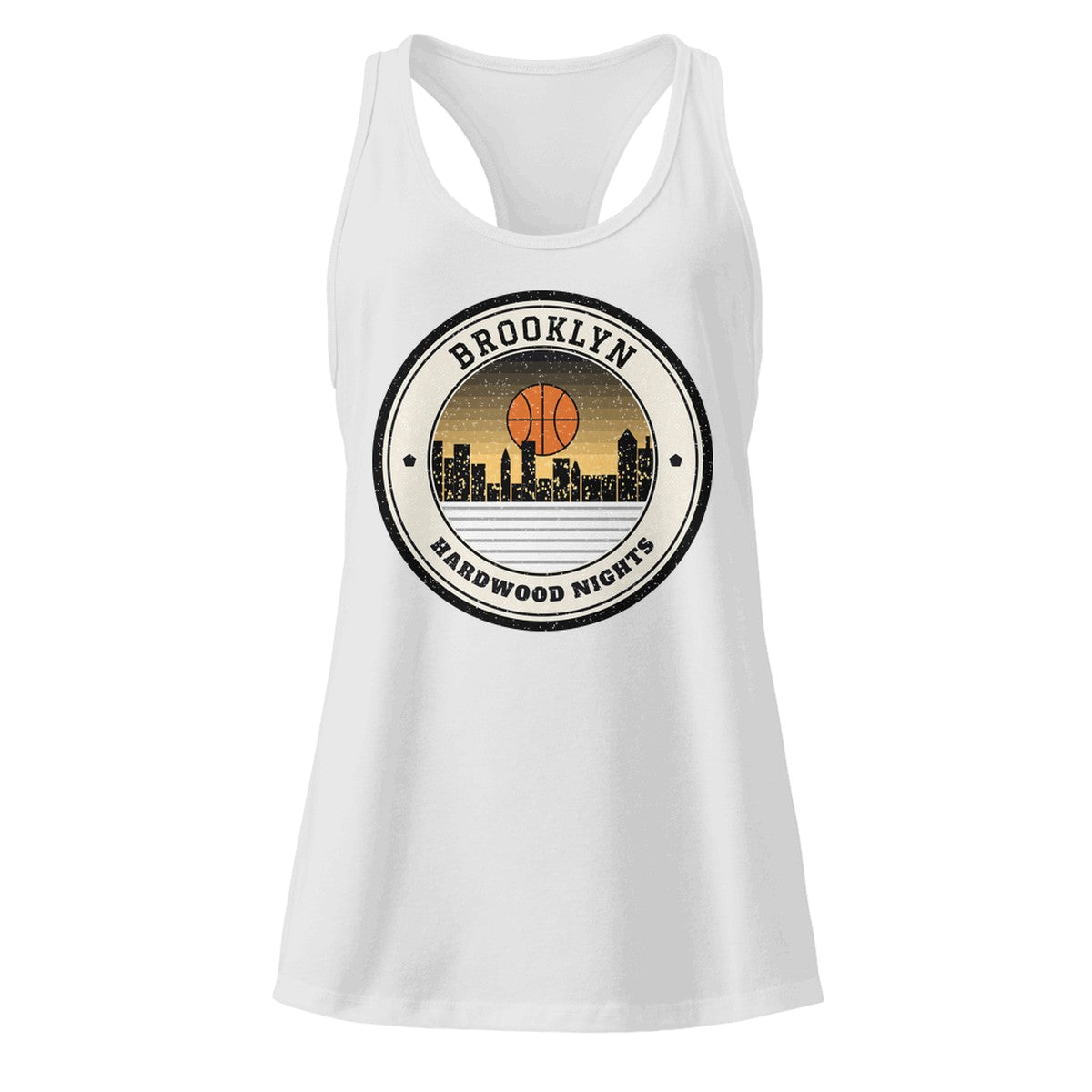 Women's Brooklyn Hardwood Nights Racerback Tank in Heather Gray, front view