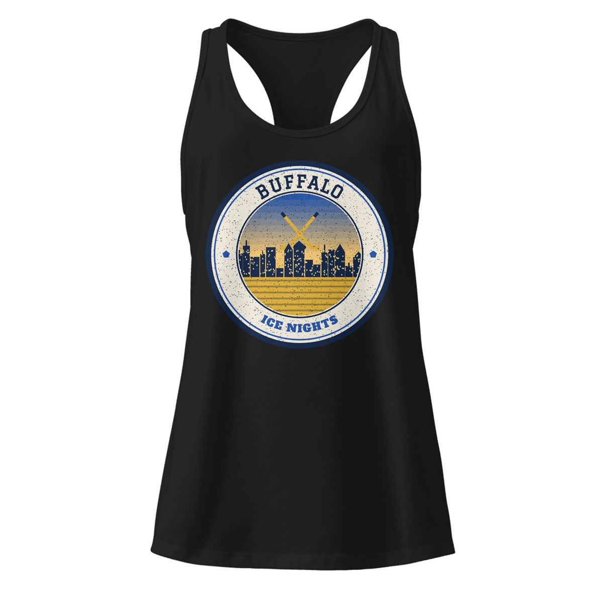 Women's Buffalo Ice Nights Racerback Tank in Black, front view