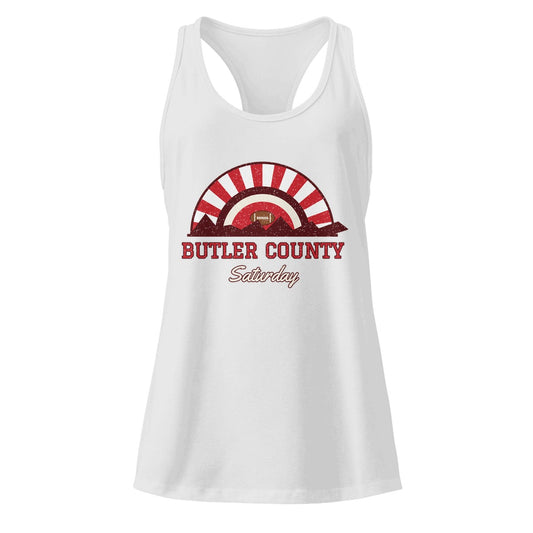 Women's Butler County Saturday Racerback Tank in Heather Gray, front view