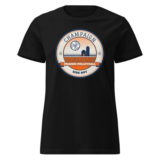 Champaign Prairie Volleyball Women's Fitted Tee in Black, front view