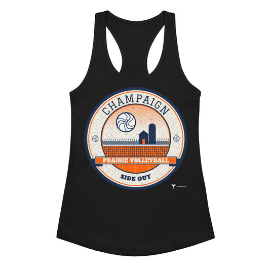 Champaign Prairie Volleyball Women's Racerback Tank in Black, front view