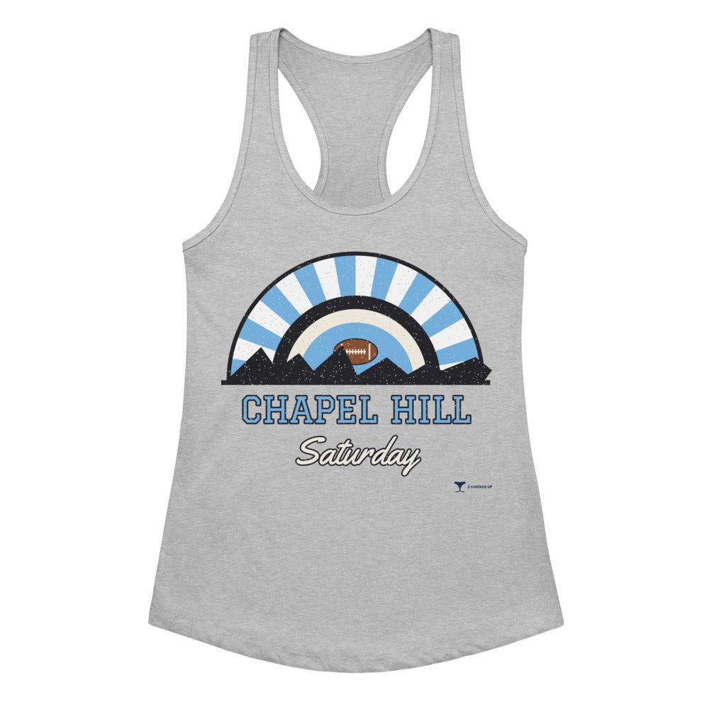 Women's Chapel Hill Saturday Racerback Tank in Heather Gray, front view