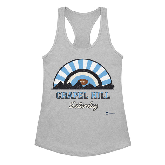 Women's Chapel Hill Saturday Racerback Tank in Heather Gray, front view