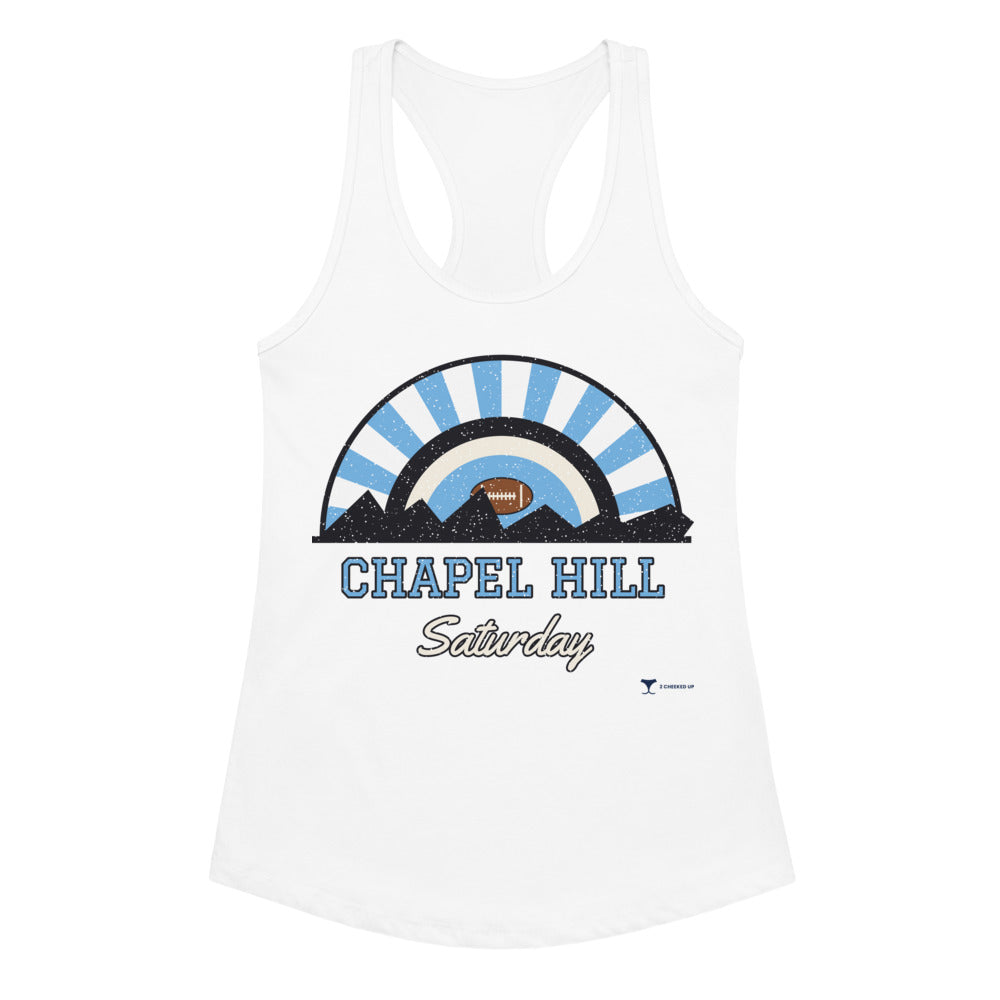 Women's Chapel Hill Saturday Racerback Tank in White, front view