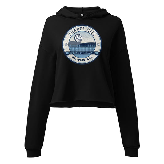Chapel Hill Sky Blue Volleyball Women's Cropped Hoodie in Black, front view