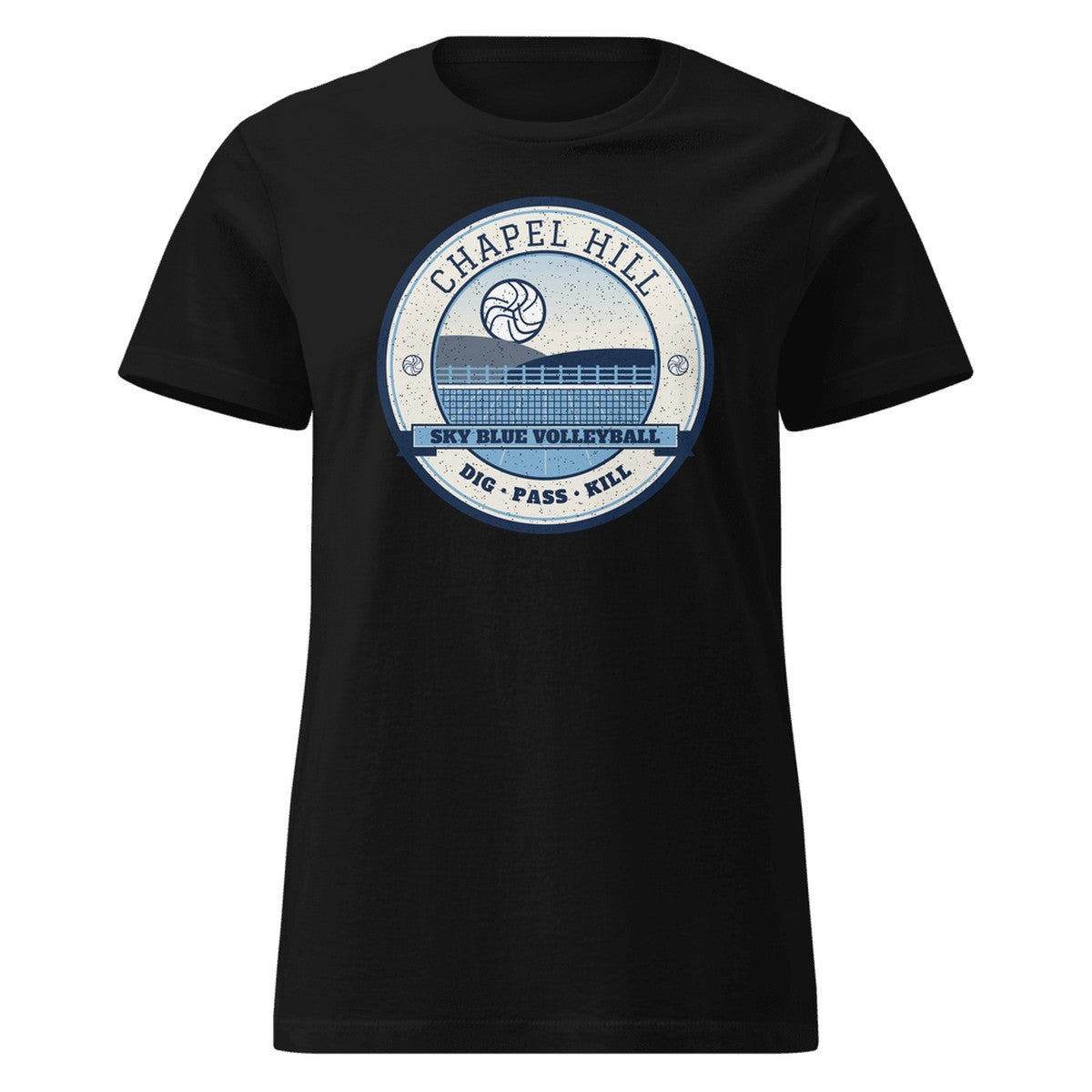 Chapel Hill Sky Blue Volleyball Women's Fitted Tee in Black, front view