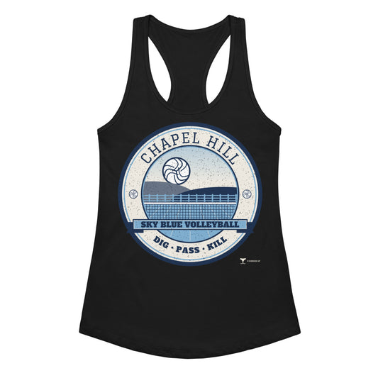 Chapel Hill Sky Blue Volleyball Women's Racerback Tank in Black, front view