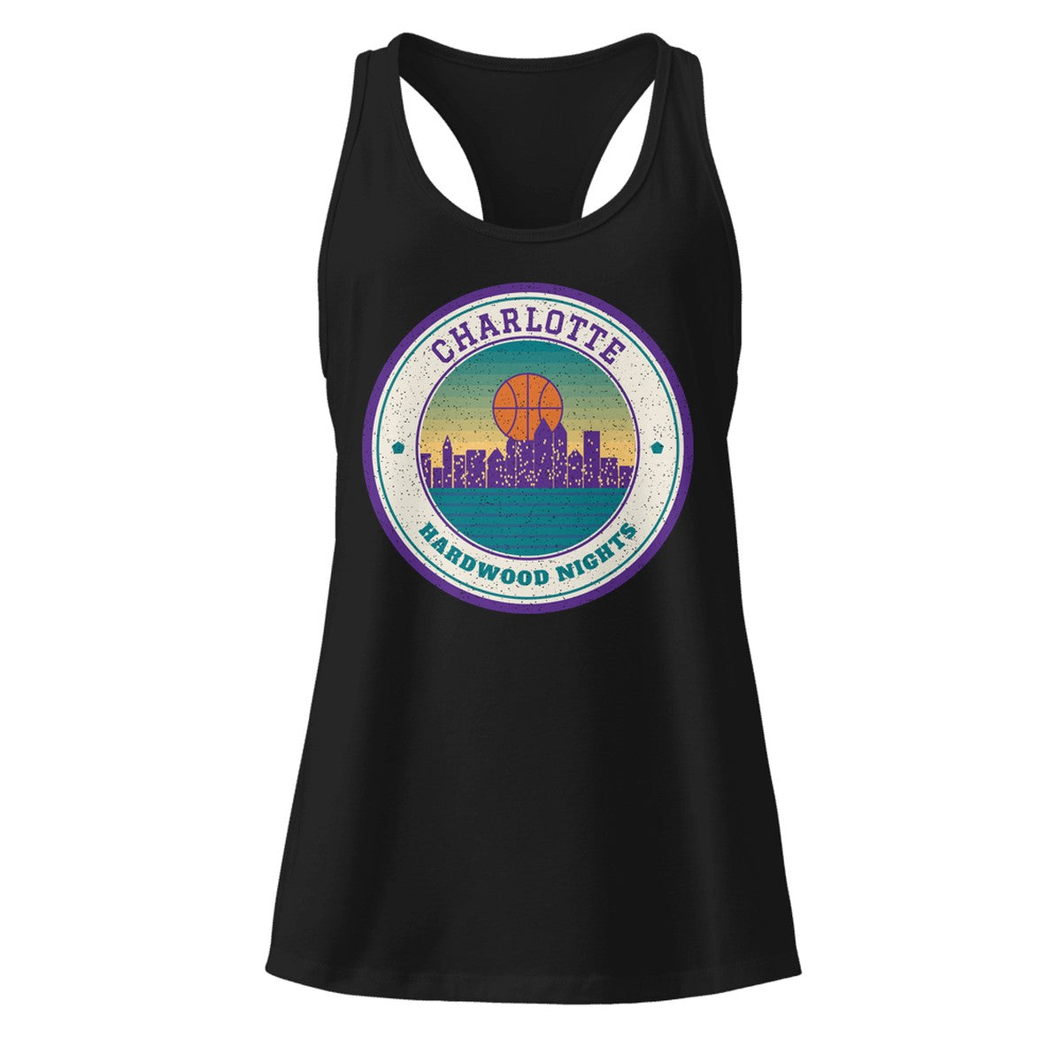 Women's Charlotte Hardwood Nights Racerback Tank in Black, front view