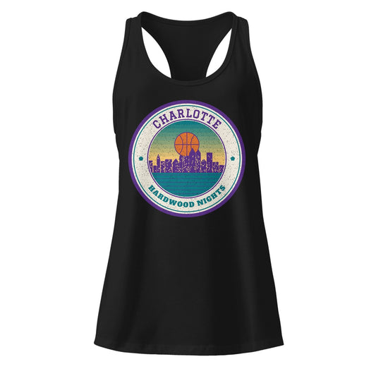 Women's Charlotte Hardwood Nights Racerback Tank in Black, front view