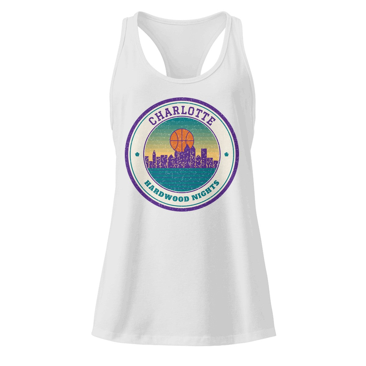 Women's Charlotte Hardwood Nights Racerback Tank in Heather Gray, front view