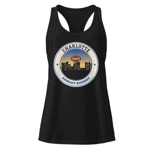 Women's Charlotte Sunday Kickoff Racerback Tank in Black, front view