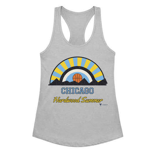 Women's Chicago Hardwood Summer Racerback Tank in Heather Gray, front view