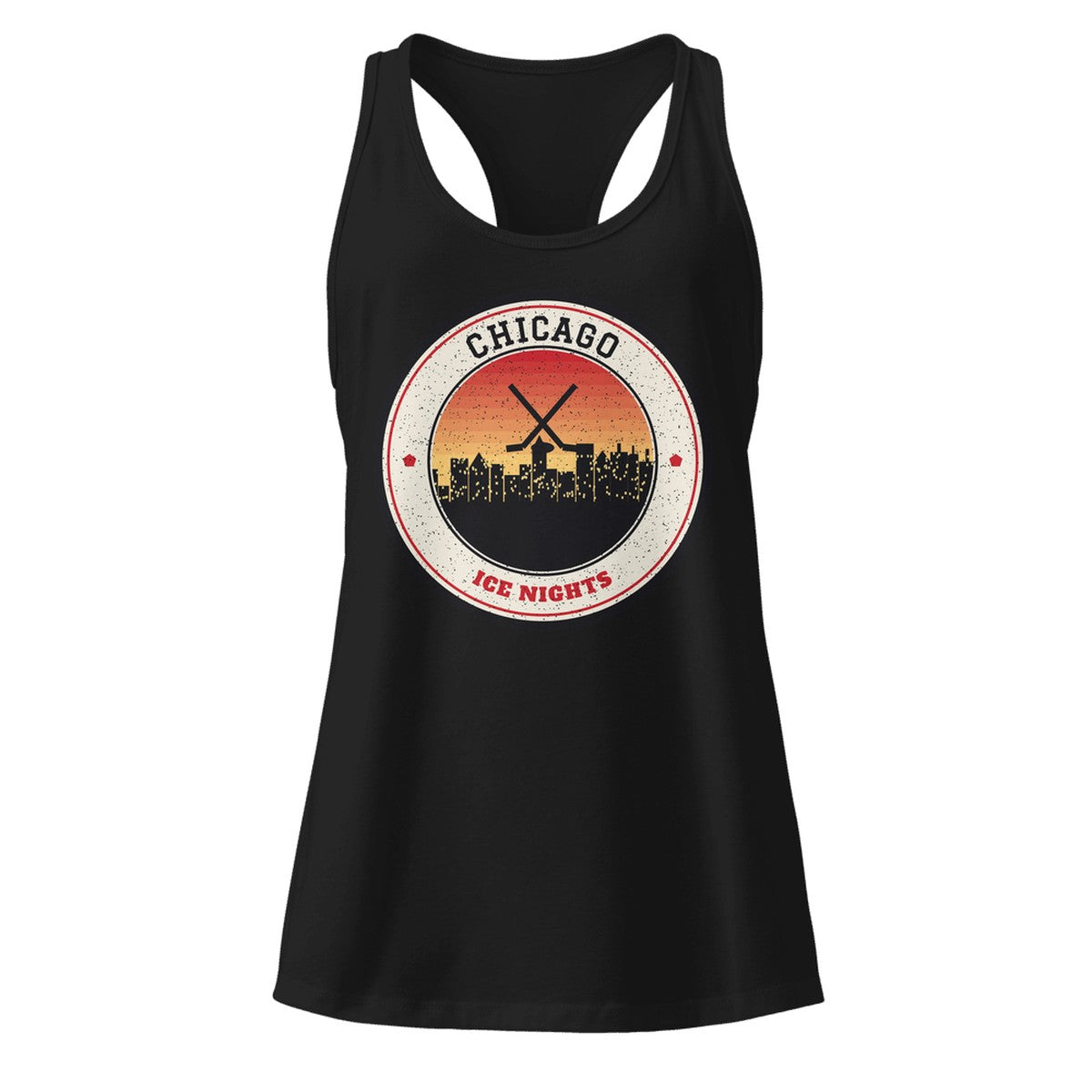 Women's Chicago Ice Nights Racerback Tank in Black, front view