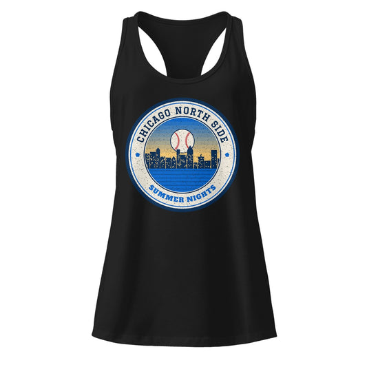Women's Chicago North Side Summer Nights Ballpark Racerback Tank in Black, front view