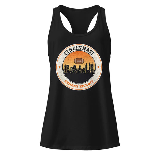 Women's Cincinnati Sunday Kickoff Racerback Tank in Black, front view