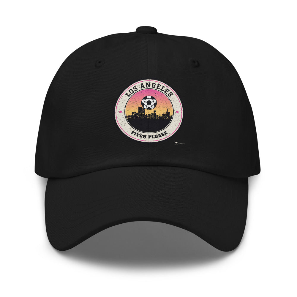 Los Angeles Pitch Please Dad Hat in black, design printed on the front panel, front view