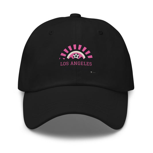 Los Angeles Sunset Soccer Dad Hat in black, design printed on the front panel, front view