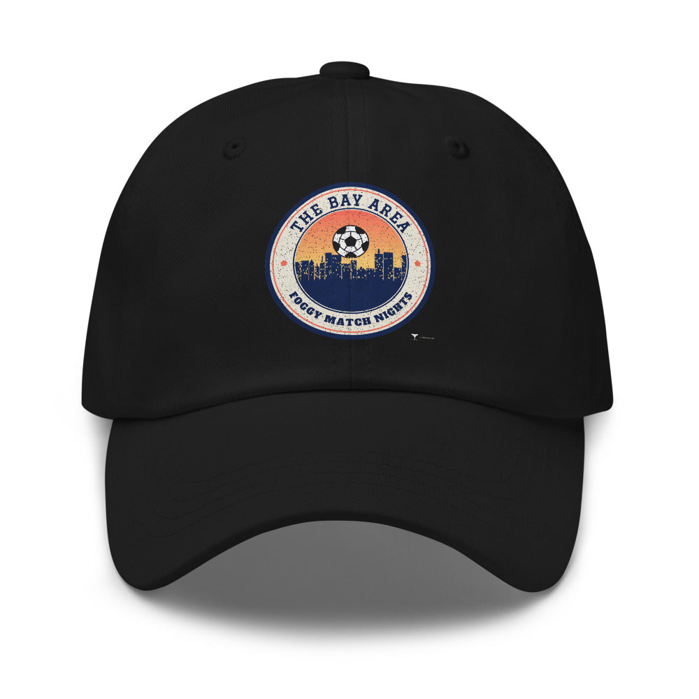 Bay Area Foggy Match Nights Dad Hat in black, design printed on the front panel, front view