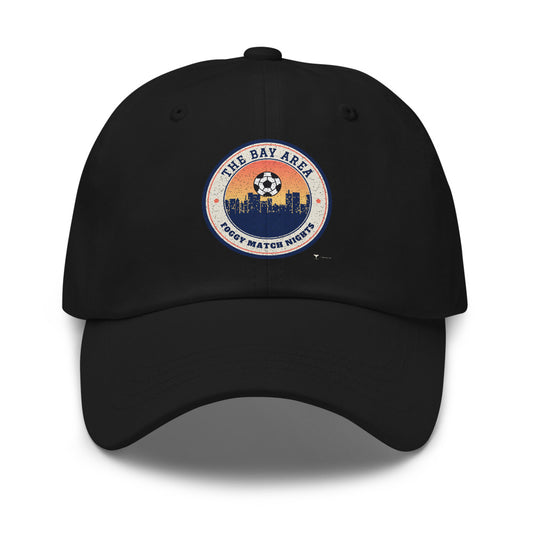 Bay Area Foggy Match Nights Dad Hat in black, design printed on the front panel, front view