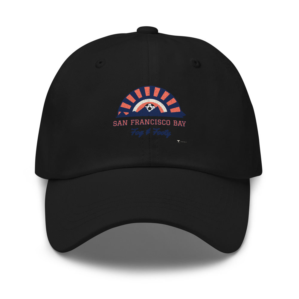 San Francisco Bay Fog & Footy Dad Hat in black, design printed on the front panel, front view