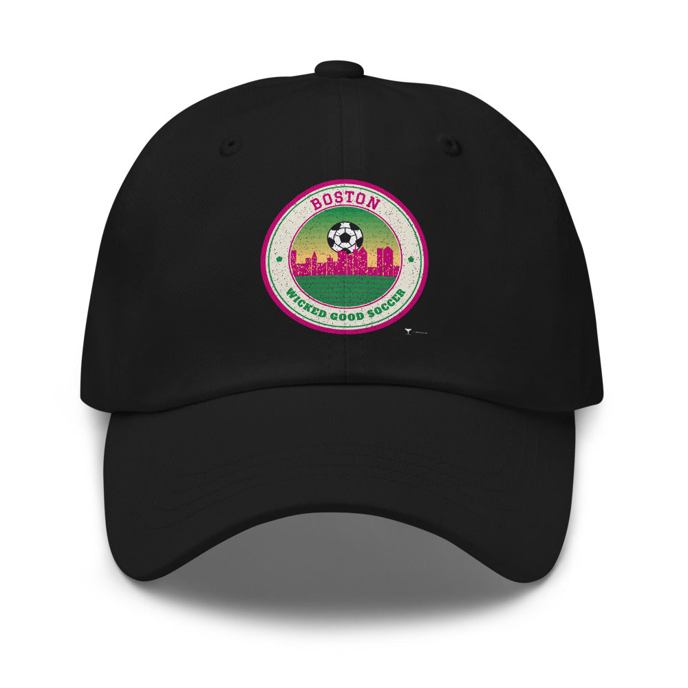 Boston Wicked Good Soccer Dad Hat in black, design printed on the front panel, front view