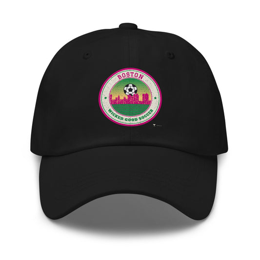 Boston Wicked Good Soccer Dad Hat in black, design printed on the front panel, front view