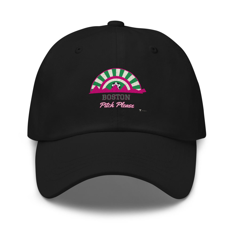Boston Pitch Please Dad Hat in black, design printed on the front panel, front view