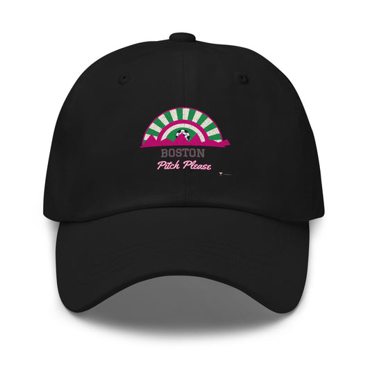 Boston Pitch Please Dad Hat in black, design printed on the front panel, front view