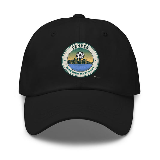 Denver Mile High Match Day Dad Hat in black, design printed on the front panel, front view