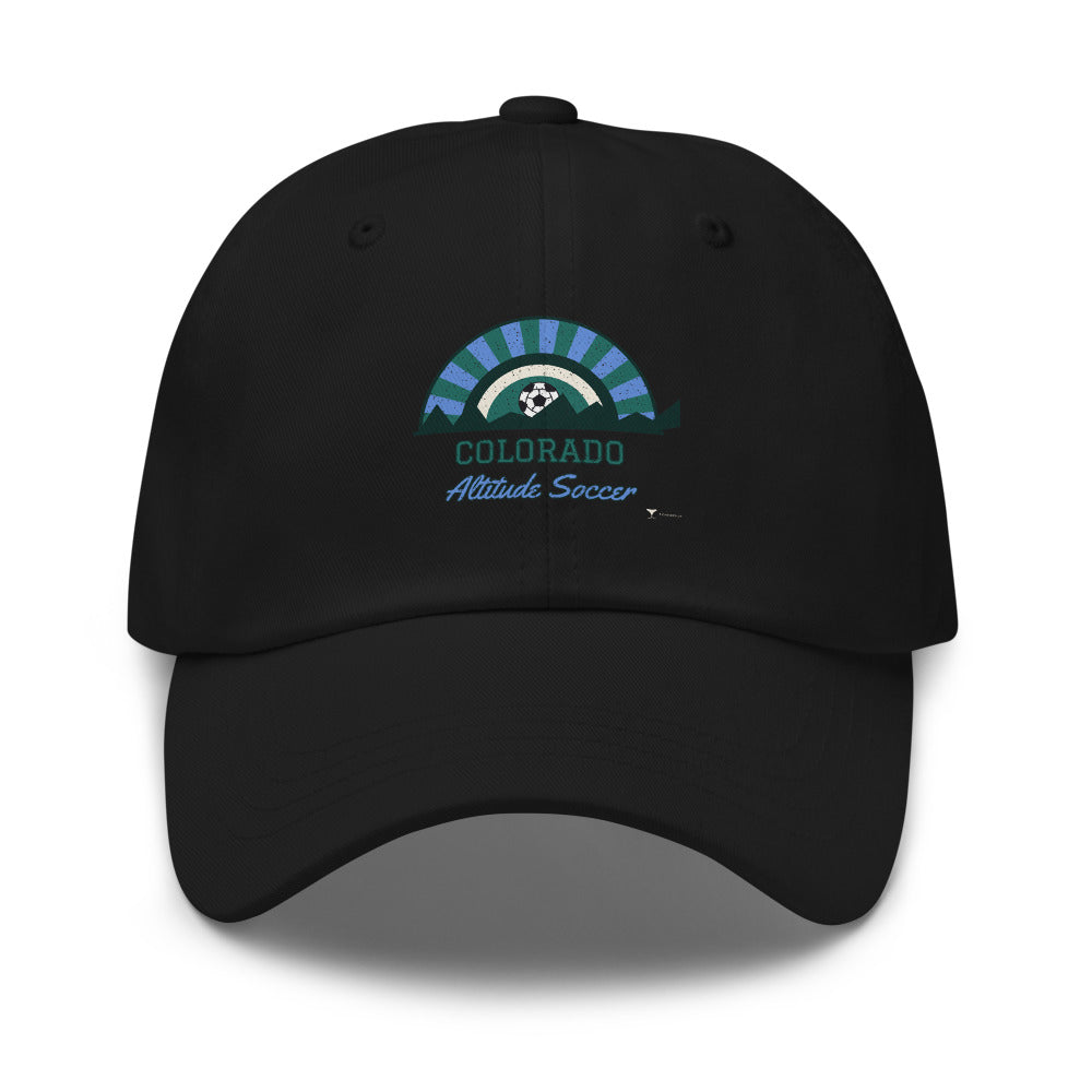 Colorado Altitude Soccer Dad Hat in black, design printed on the front panel, front view